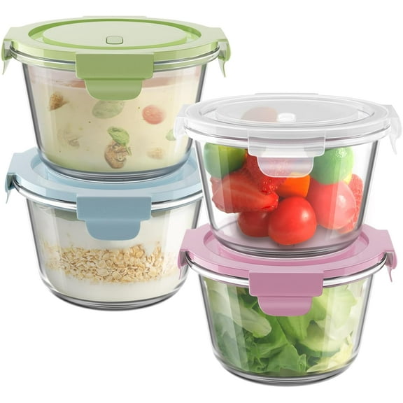 SH 4 PCS Glass Meal Prep Containers, Airtight 2 Cup Glass Storage Containers with Lids, Heat-Resistant BPA-Free Borosilicate Glass Soup Containers for Leftover. Microwave, Dishwasher and Freezer Safe