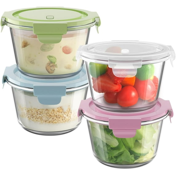 SH 4 PCS Glass Meal Prep Containers, Airtight 2 Cup Glass Storage Containers with Lids, Heat-Resistant BPA-Free Borosilicate Glass Soup Containers for Leftover. Microwave, Dishwasher and Freezer Safe