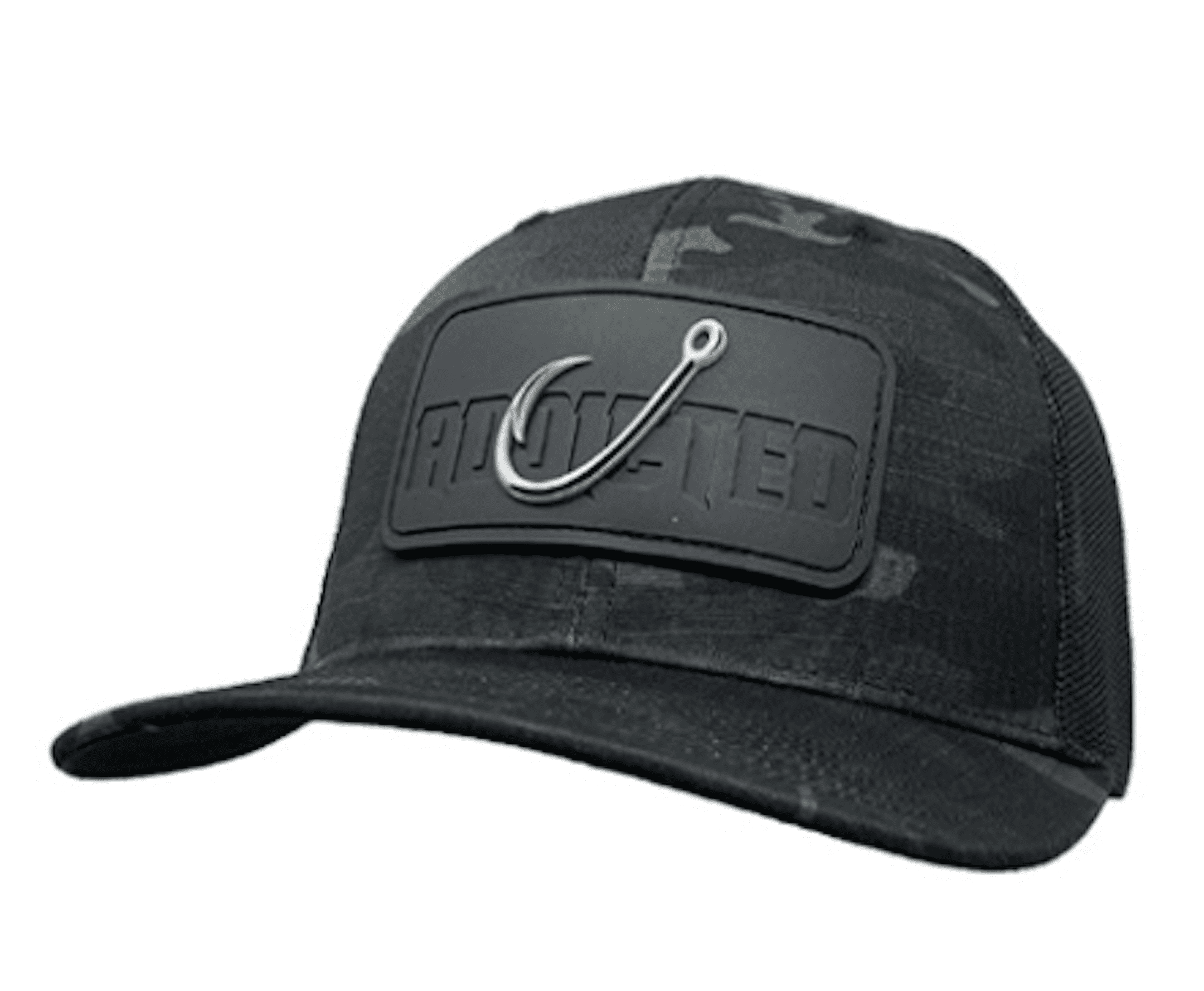 Addicted Fishing, Stealth Hook Patch Camo Trucker Hat, Black