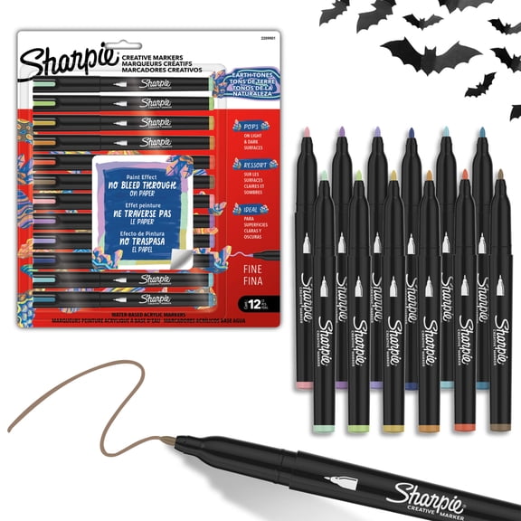 Sharpie Creative Markers, Earth Tones, Water-Based Acrylic Paint Markers, Fine Tip, 12 Count