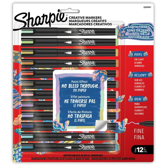 Sharpie Creative Markers, Earth Tones, Water-Based Acrylic Paint Markers, Fine Tip, 12 Count