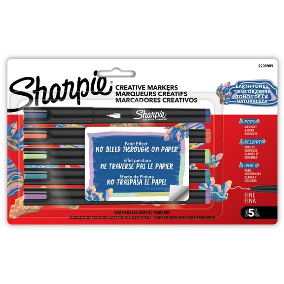 Sharpie Creative Markers, Earth Tones, Water-Based Acrylic Paint Markers, Fine Tip, 5 Count