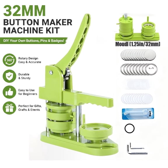 Button Maker Machine, 32mm 1.25 Inch Pin Badge Kit with 100 Parts & Circle Cutter, DIY Craft Tool for School Party Gifts, Green