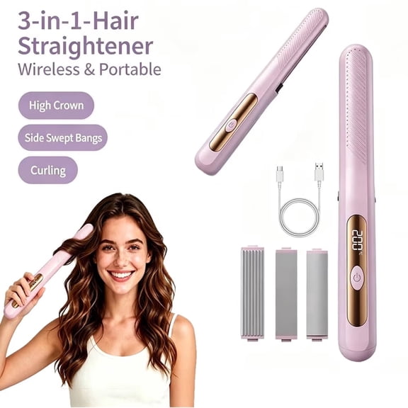 SH-RuiDu Cordless Hair Straightener, 3 in 1 Interchangeable Plates Curling Iron, Multi-Function Hair Curler with 3 Temp Settings & Fast Heating for Travel Hairstyling