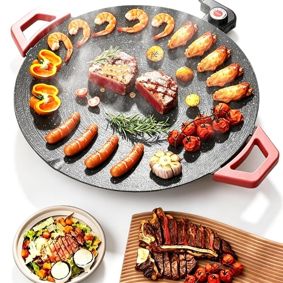 SH-RuiDu Electric Griddle, 15.7" NonStick Griddle with 5 Levels Temperature Control, Electric BBQ Grill for Indoor Cooking or Outdoor Picnic, Steaks, Burgers, Pancakes, Bacon, Smokeless, 1350W