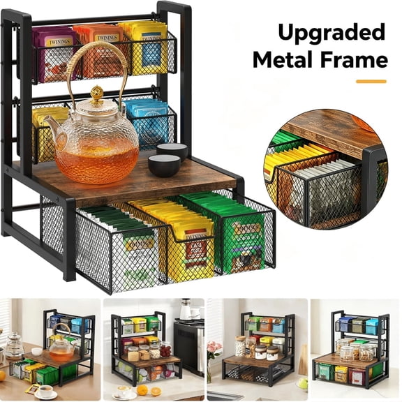 SH-RuiDu Wood Tea Bag Organizer, 3 Tier Tea Storage Container Box, Tea Station Caddy with Drawer, Multifunctional Teabag Holder Stand for Countertop Kitchen Office, Rustic Brown
