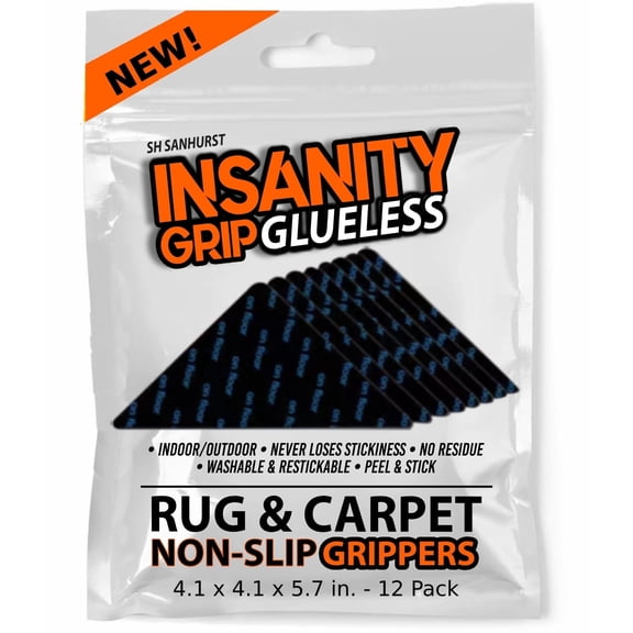 Insanity Grip Corner Rug Gripper Non-Slip Carpet Pads for Area Rugs and Doormats, Safe for Hardwood Floors, 12-Pack