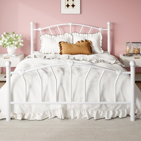 SHA CERLIN 14 Inch Full Size Metal Platform Bed Frame with Heart Shaped Iron-Art Headboard/Footboard, Under Bed Storage, Noise Free Mattress Foundation, Easy Assembly, White