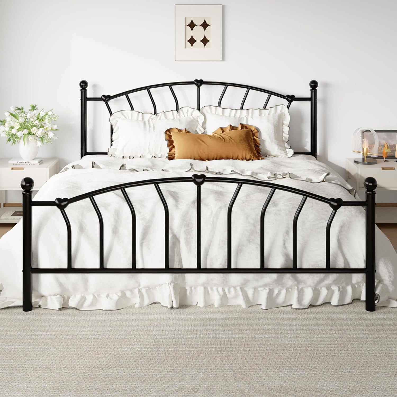SHA CERLIN 14 Inch King Size Metal Platform Bed Frame with Heart Shaped Iron-Art Headboard/Footboard, Under Bed Storage, Noise Free Mattress Foundation, Easy Assembly, Black