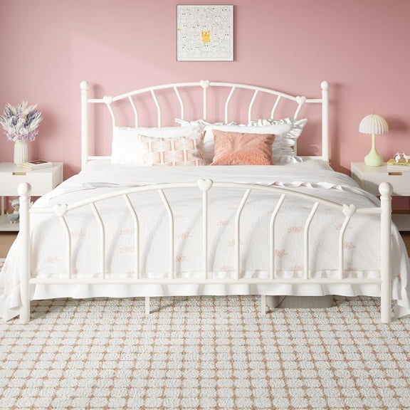 SHA CERLIN 14 Inch King Size Metal Platform Bed Frame with Heart Shaped Iron-Art Headboard/Footboard, Under Bed Storage, Noise Free Mattress Foundation, Easy Assembly, Cream White