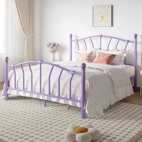 SHA CERLIN 14 Inch Queen Size Metal Platform Bed Frame with Heart Shaped Iron-Art Headboard/Footboard, Under Bed Storage, Noise Free Mattress Foundation, Easy Assembly, Purple