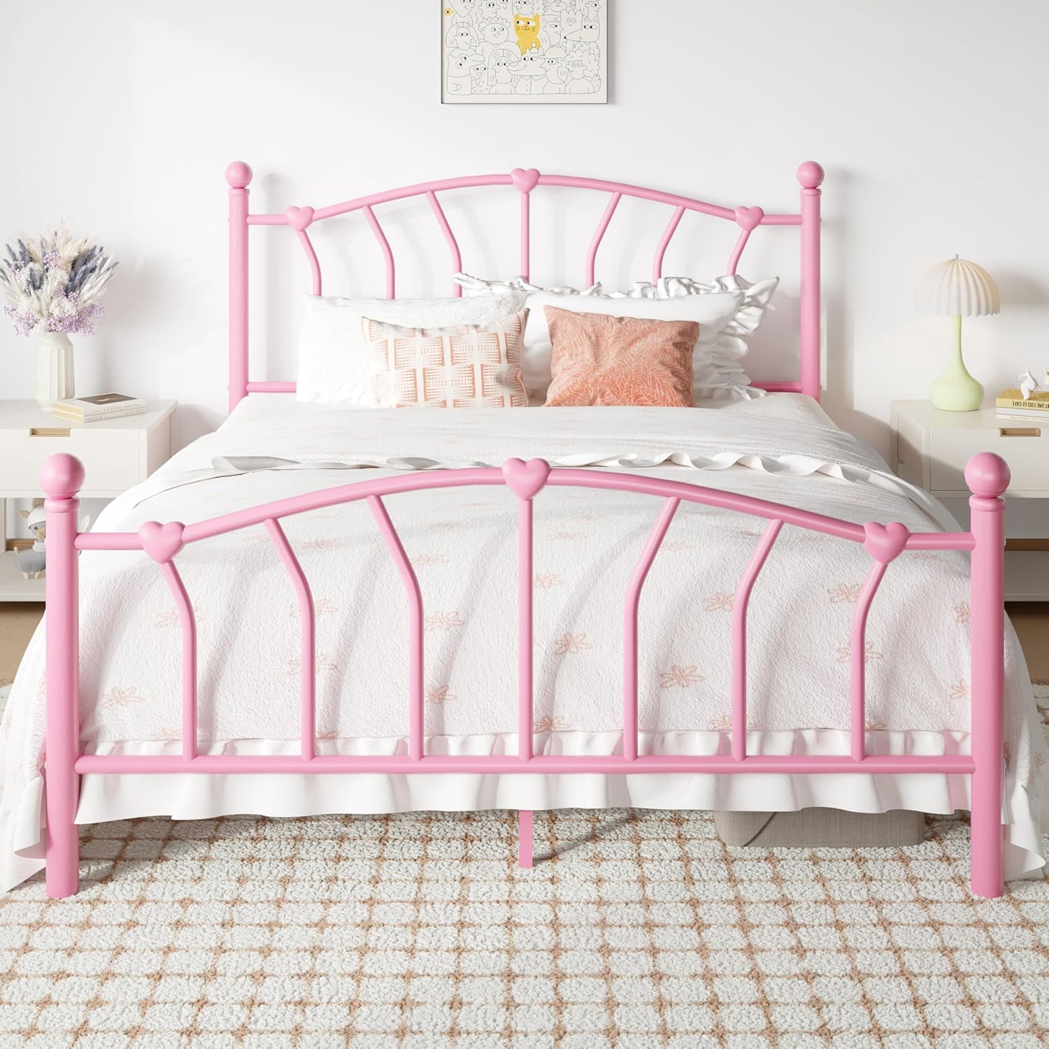 SHA CERLIN 14 Inch Queen Size Metal Platform Bed Frame with Heart Shaped Iron-Art Headboard/Footboard, Under Bed Storage, Noise Free Mattress Foundation, Easy Assembly, Pink