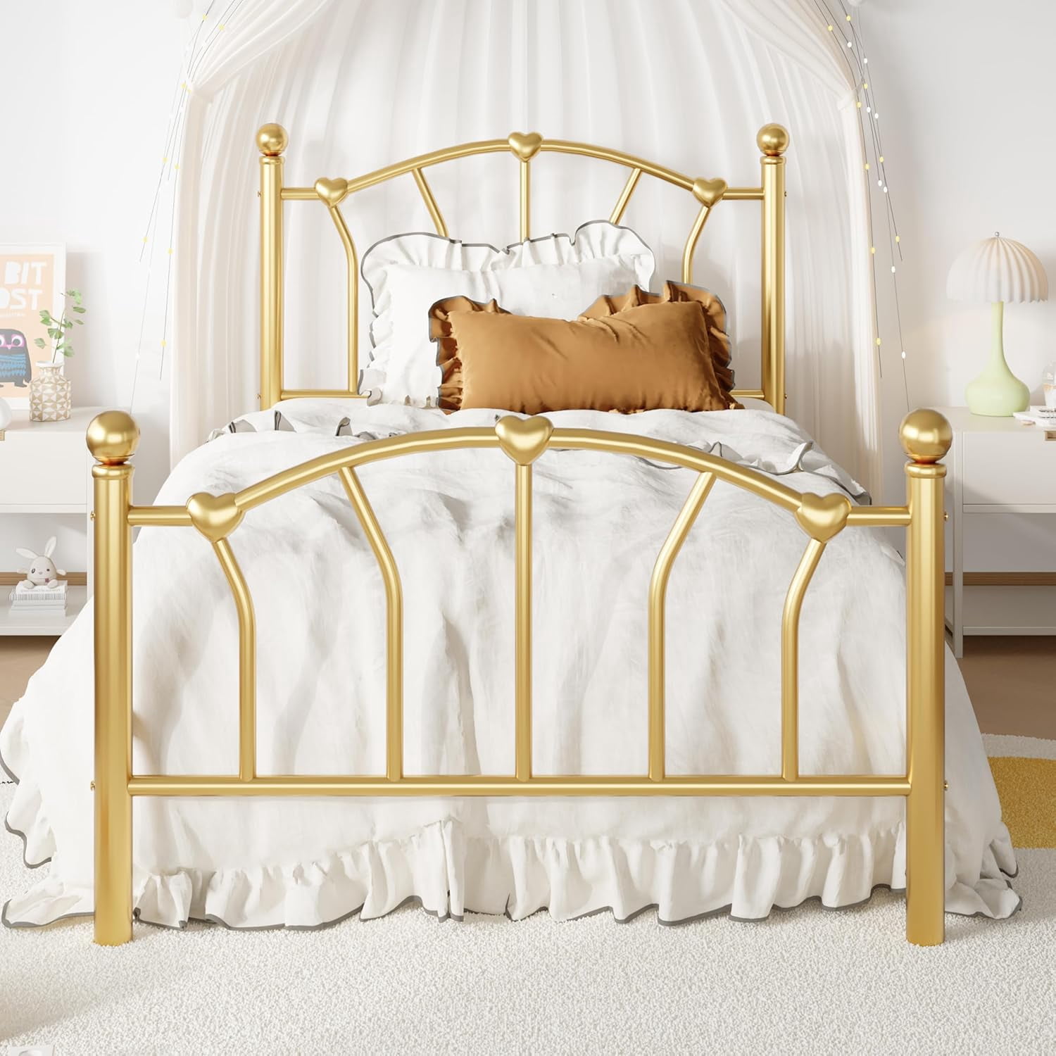 SHA CERLIN 14 Inch Twin Size Metal Platform Bed Frame with Heart Shaped Iron-Art Headboard/Footboard, Under Bed Storage, Noise Free Mattress Foundation, Easy Assembly, Gold