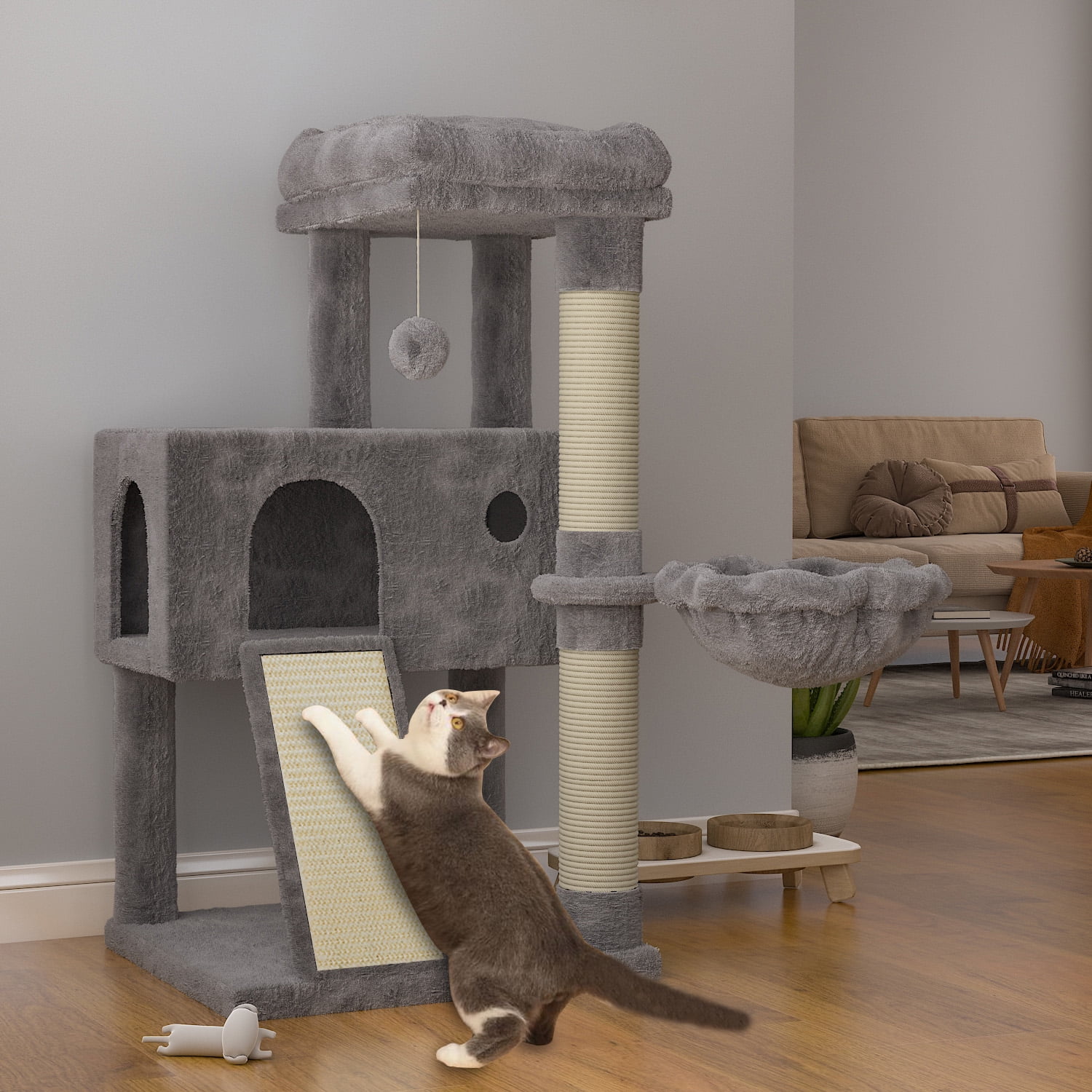 Gray Plush Cat Tower with Sisal Scratching Posts and Hammock