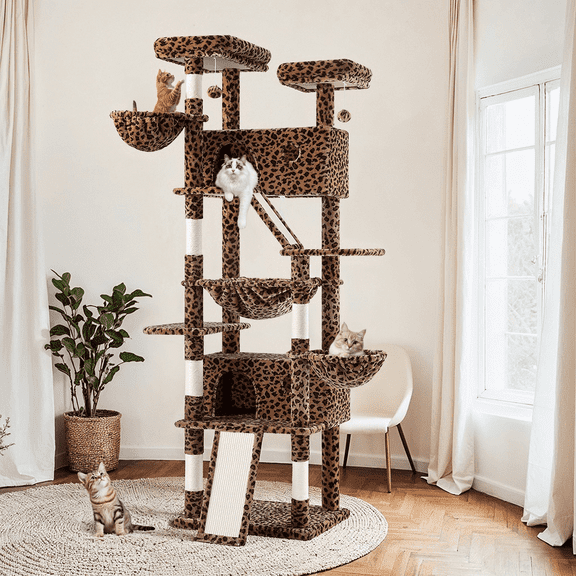 Merrland 81" Multi-Level Large Cat Tree Tower for Indoor Kittens, Cat Condo with Hammock & Sisal Scratching Posts, Leopard Print