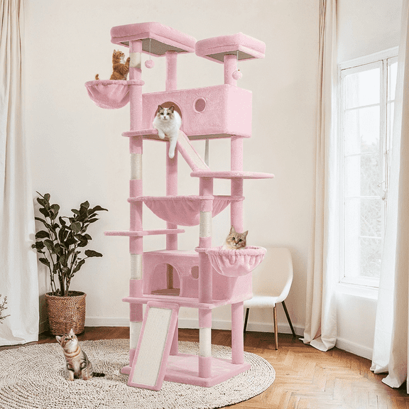 Merrland 81" Multi-Level Large Cat Tree Tower for Indoor Kittens, Cat Condo with Hammock & Sisal Scratching Posts, Pink