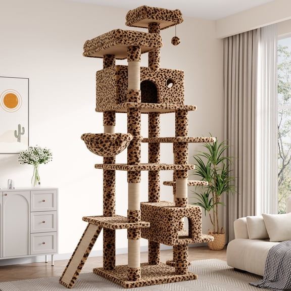 SHA CERLIN 82" Multi-Level Cat Tree Tower for Indoor Cats, Cat Condo with Sisal Scratching Posts, Plush Perches, Hammocks and Toy Balls, Leopard Print