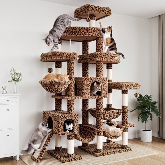 SHA CERLIN 83" Cat Tree Tower for Large Cats, Multi-Level Heavy-Duty Cat Tower with Large Perches, Wide Base, Sisal Scratching Posts, Cozy Condos, Leopard Print