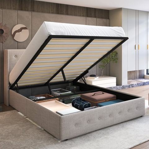 Sha Cerlin Full Size Lift up Hydraulic Large Storage Platform Bed Frame with Fabric Upholstered Button Tufted Wingback Headboard, Beige