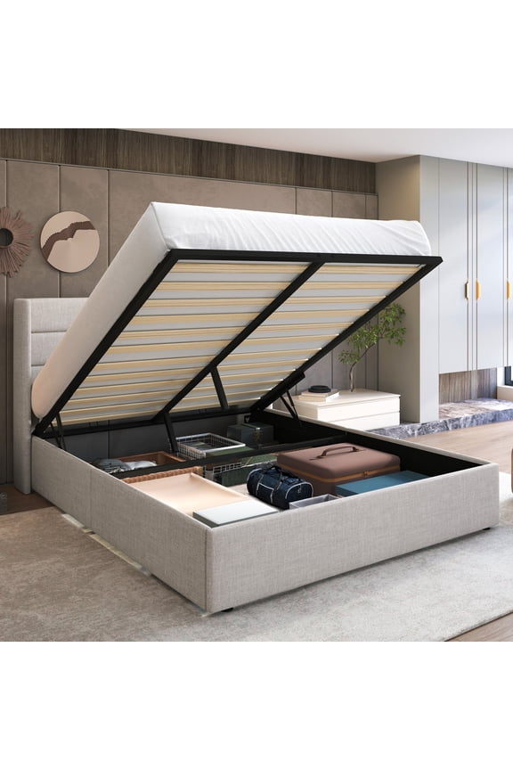 Full Size Lift Up Hydraulic Storage Bed Frame, Platform Bed with Fabric Upholstered Wingback Headboard, No Box Spring Needed, Beige