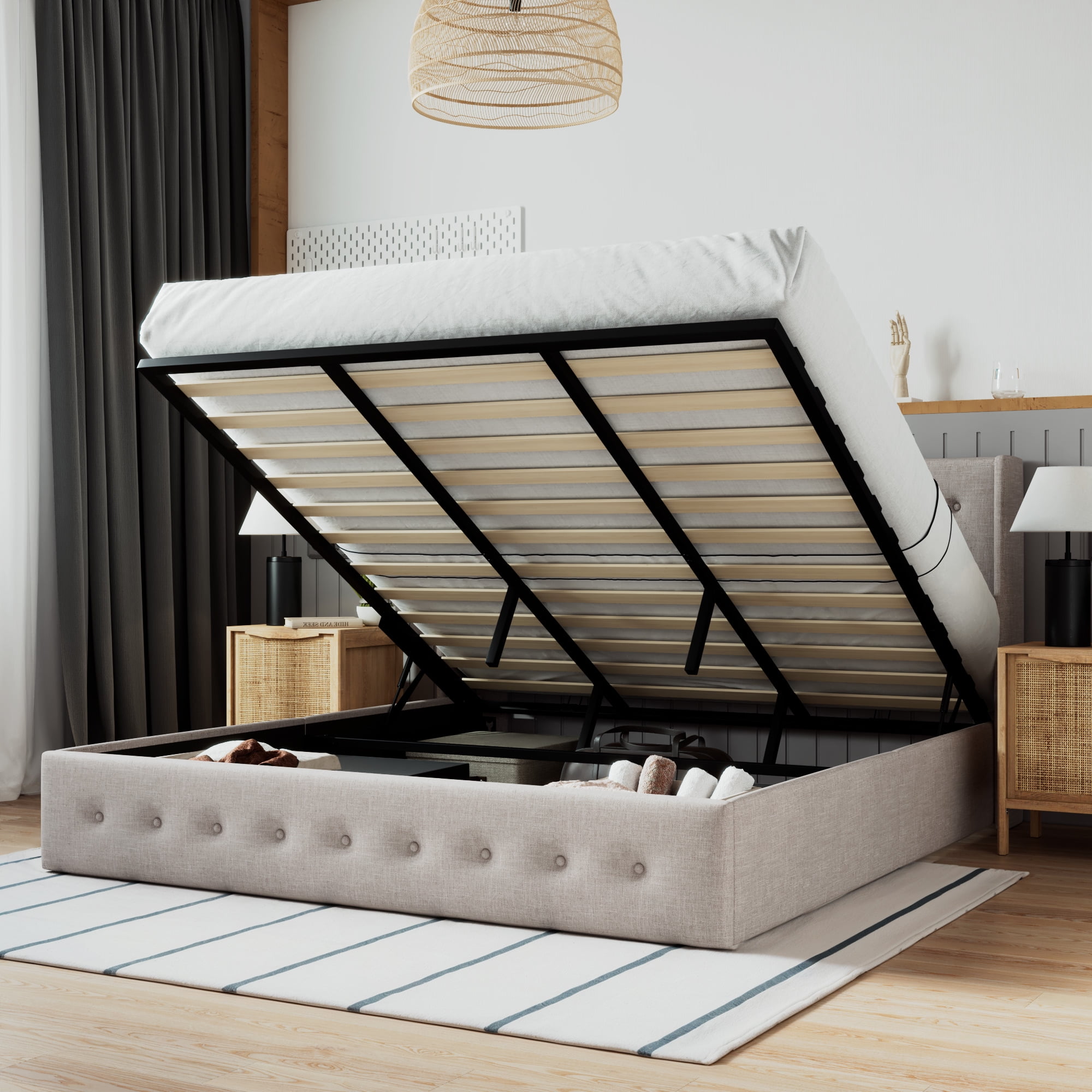 SHA CERLIN Upholstered King Bed Frame with LiftUp Storage, Beige