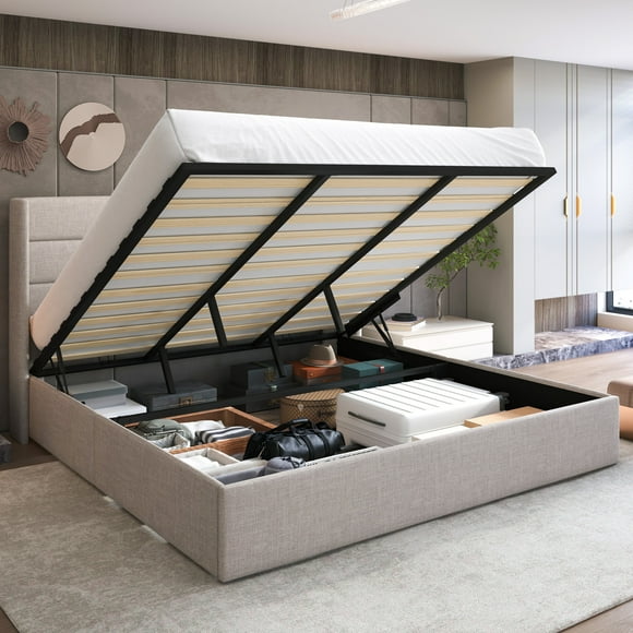 Sha Cerlin King Size Lift Up Hydraulic Storage Bed Frame, Platform Bed with Fabric Upholstered Wingback Headboard, No Box Spring Needed, Beige