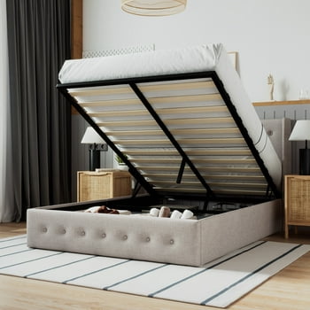 SHA CERLIN Beige Queen Size Lift Up Platform Bed Frame with Upholstered Tufted Headboard, Wingback & Storage, Adult