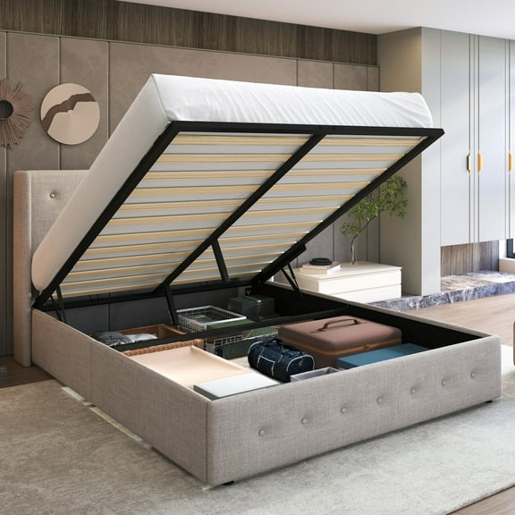 Sha Cerlin Queen Size Lift up Hydraulic Large Storage Platform Bed Frame with Fabric Upholstered Button Tufted Wingback Headboard, Beige