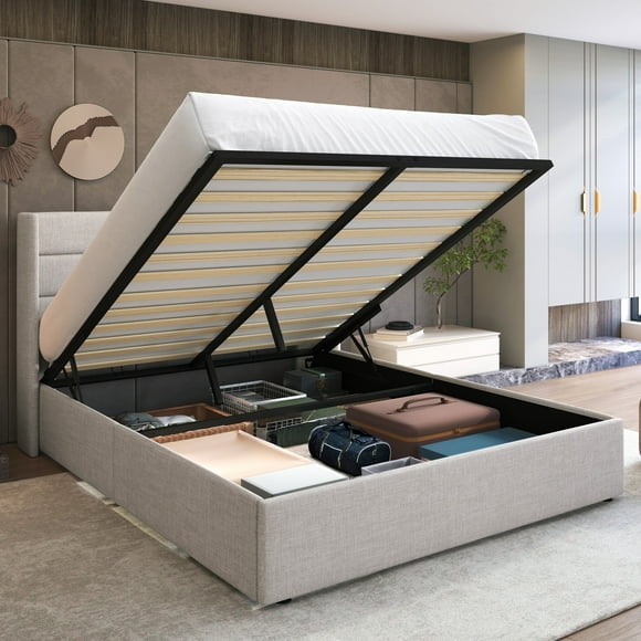 Sha Cerlin Queen Size Lift Up Hydraulic Storage Bed Frame, Platform Bed with Fabric Upholstered Wingback Headboard, No Box Spring Needed, Beige
