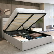 Sha Cerlin Queen Size Lift up Hydraulic Large Storage Platform Bed Frame with Fabric Upholstered Panel Wingback Headboard, Beige