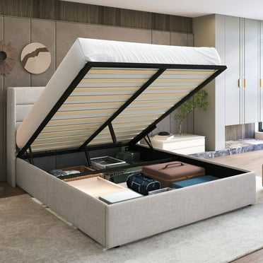 Sha Cerlin Queen Size Lift up Hydraulic Large Storage Platform Bed Frame with Fabric Upholstered Panel Wingback Headboard, Beige
