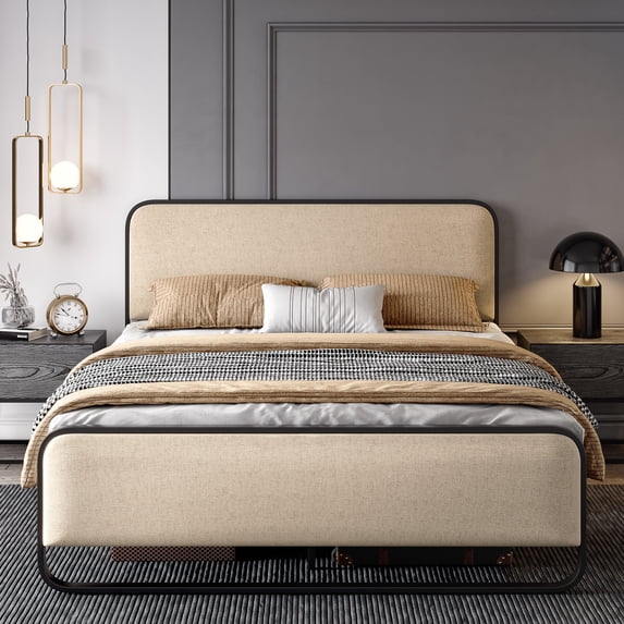 SHA CERLIN Beige Queen Size Metal Platform Bed Frame with Headboard & Underbed Storage, Adult