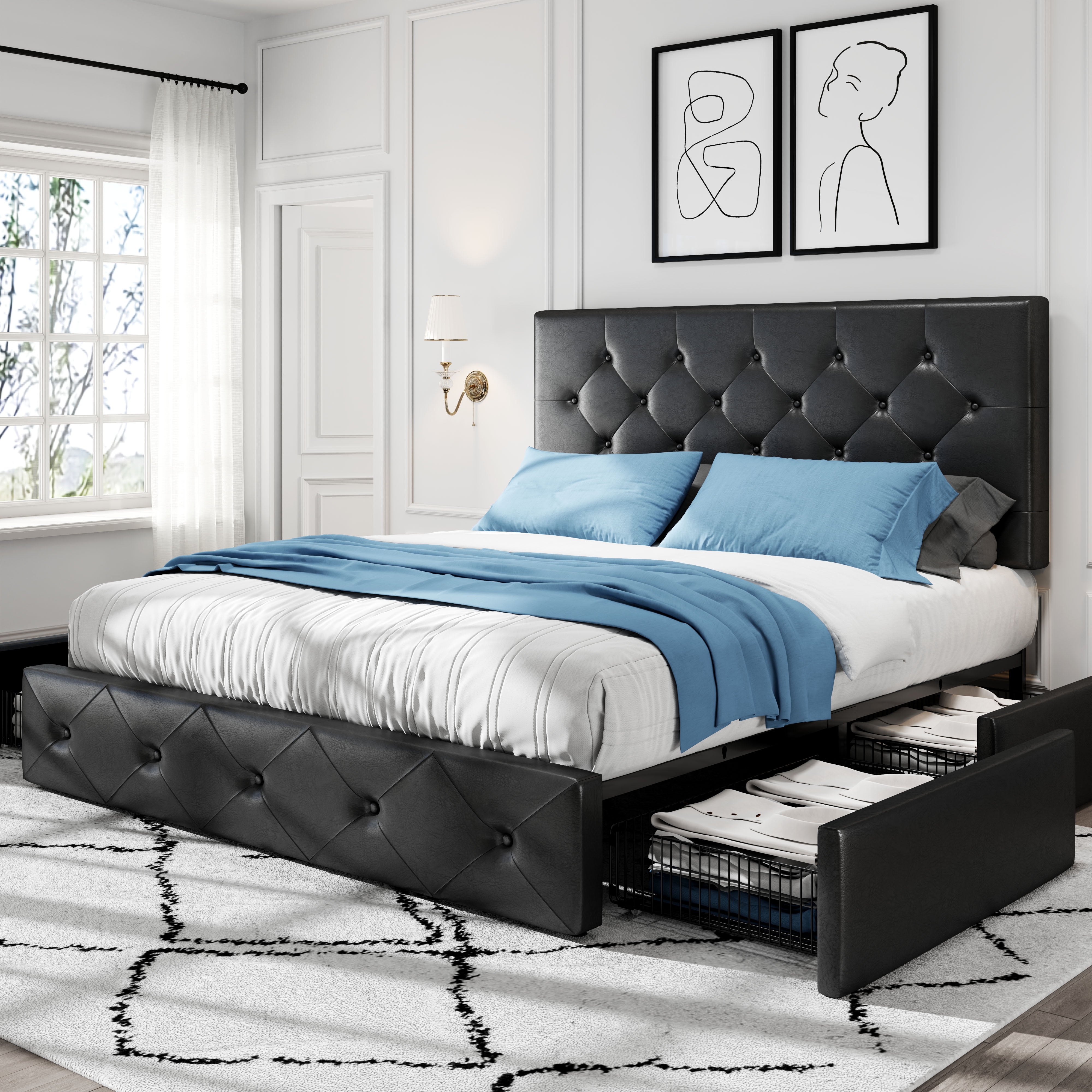 SHA CERLIN Black Full Size Leather Platform Bed Frame with 4 Storage ...