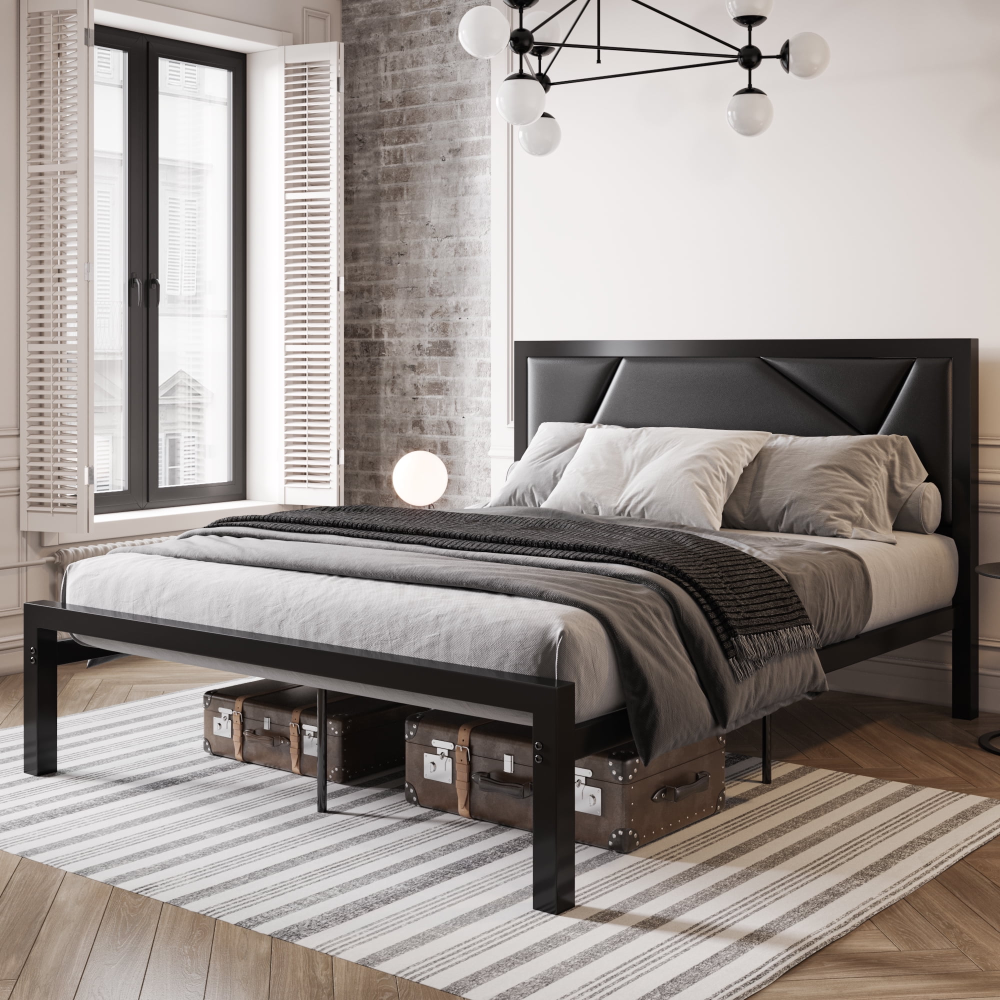 SHA CERLIN Full Size Black Metal Bed Frame with Leather Headboard