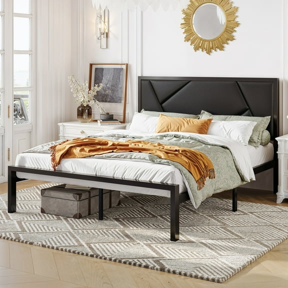 SHA CERLIN Black Full Size Metal Platform Bed Frame with Leather Headboard & Underbed Storage, Adult