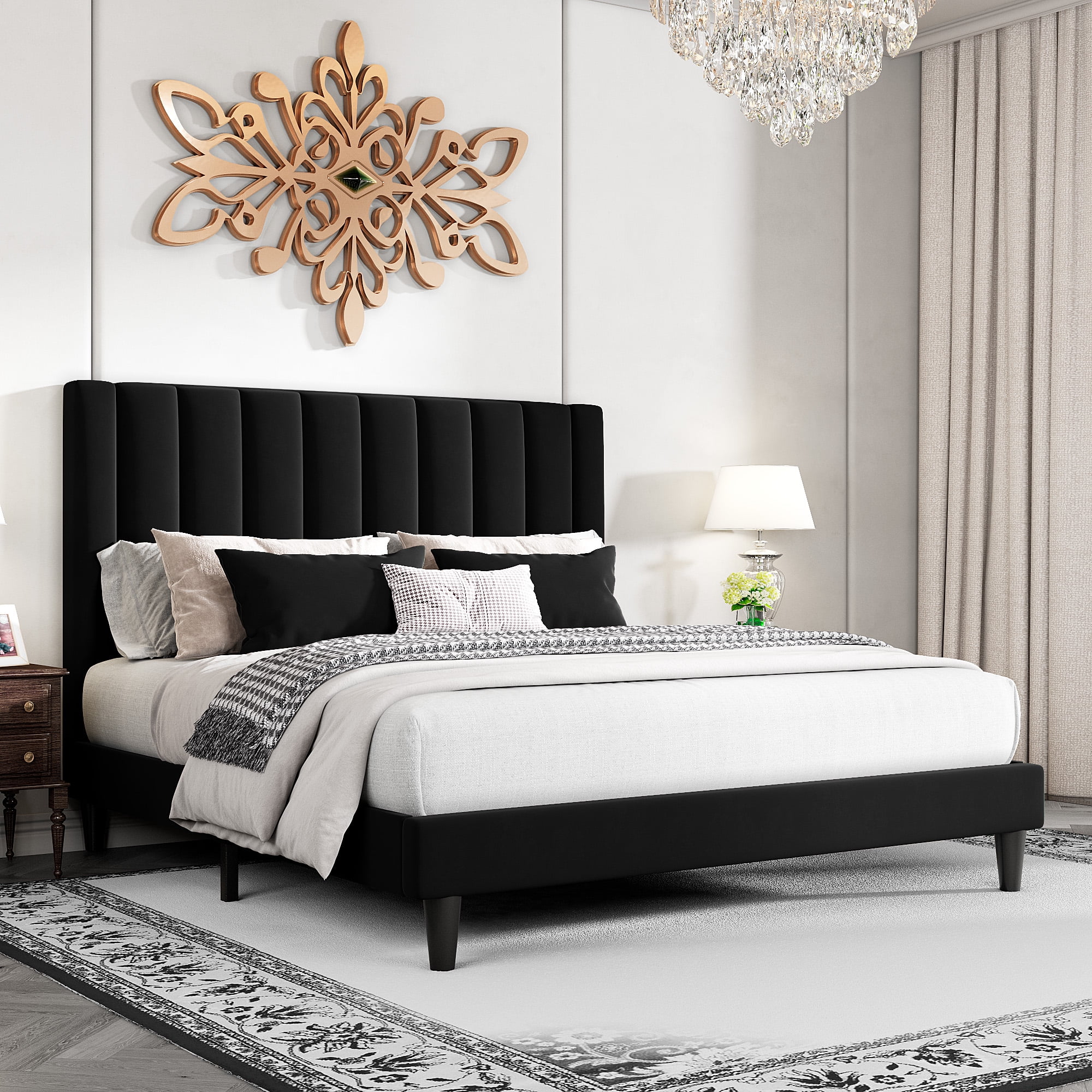 SHA CERLIN Black Full Size Platform Bed Frame With Velvet Vertical ...