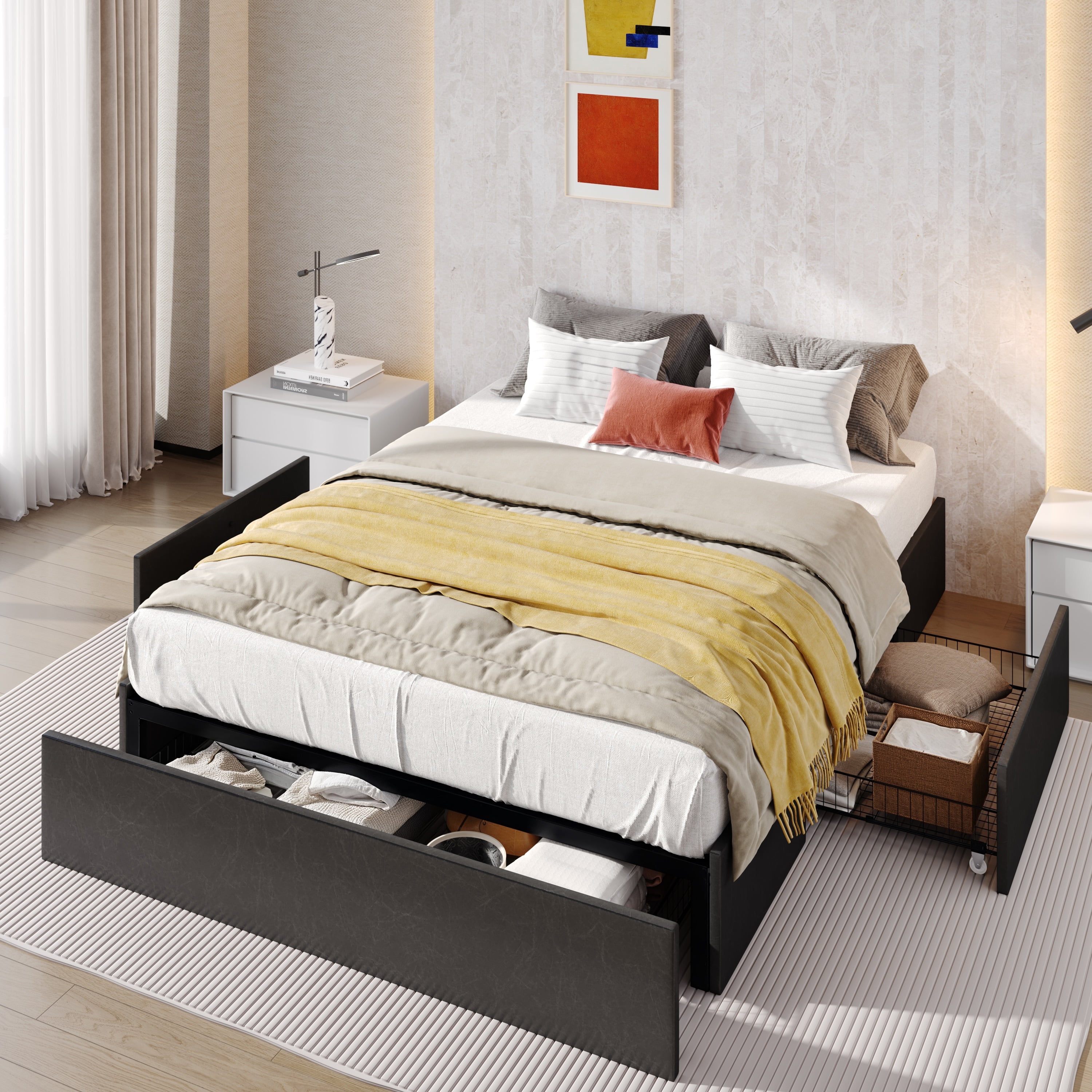 SHA CERLIN Black Full Size Platform Faux Leather Bed Frame with 3 Storage Drawers, Adult