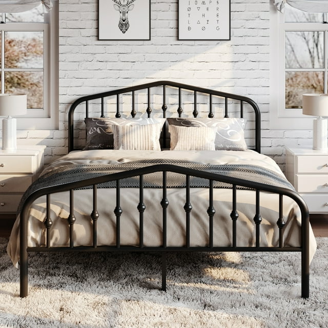 SHA CERLIN Black Full Size Platform Metal Bed Frame with Victorian