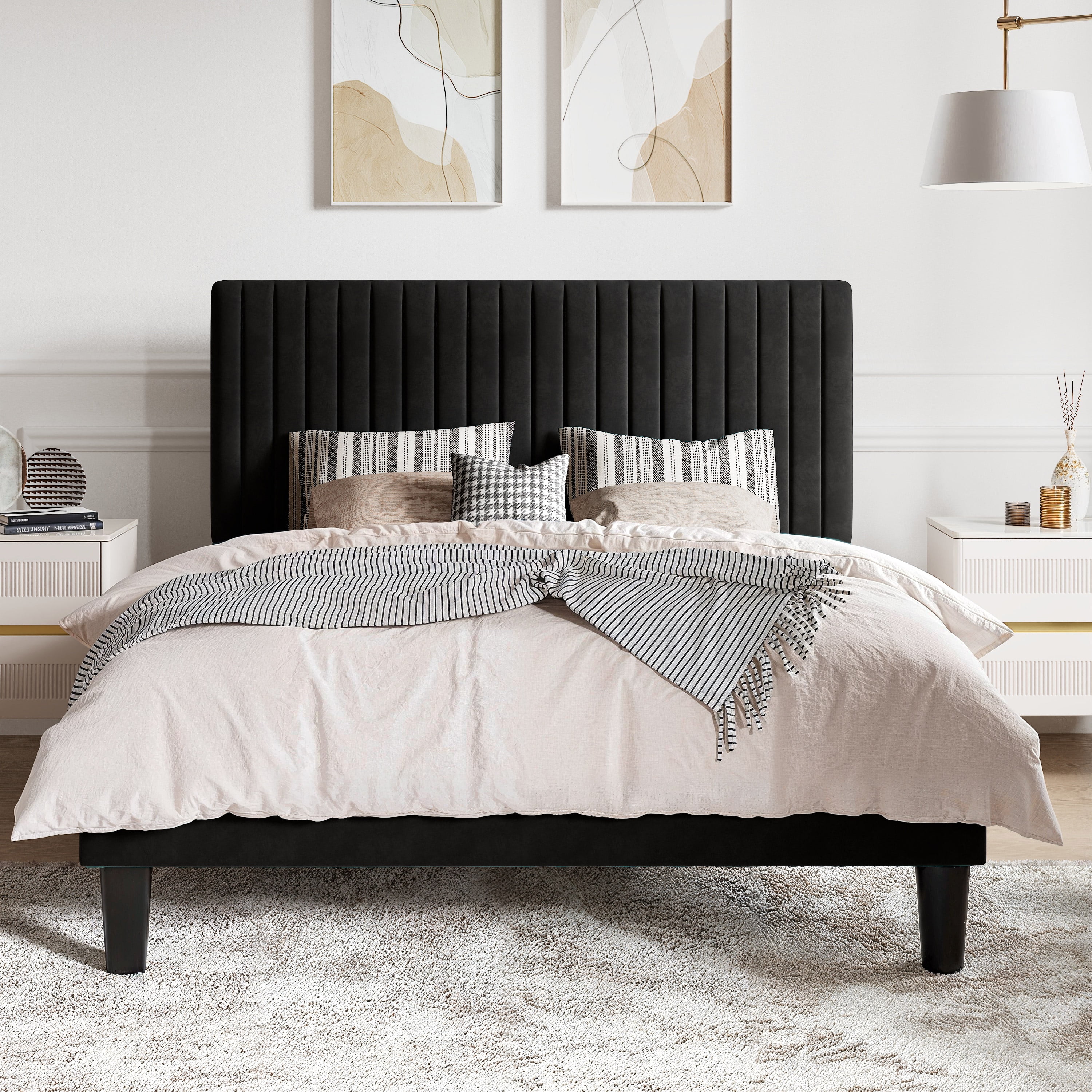 SHA CERLIN Full Size Velvet Upholstered Platform Bed Frame with Adjustable Headboard, Fabric ...