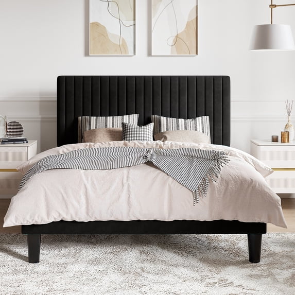 SHA CERLIN Black Full Size Upholstered Platform Bed Frame with Adjustable Channel Velvet Headboard