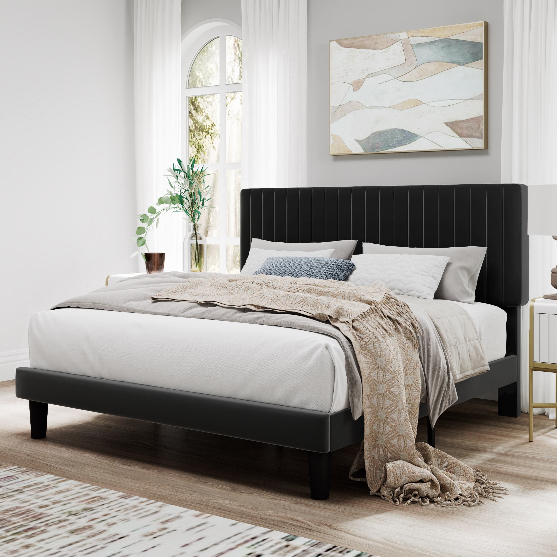 SHA CERLIN Black Full Size Upholstered Platform Bed Frame with