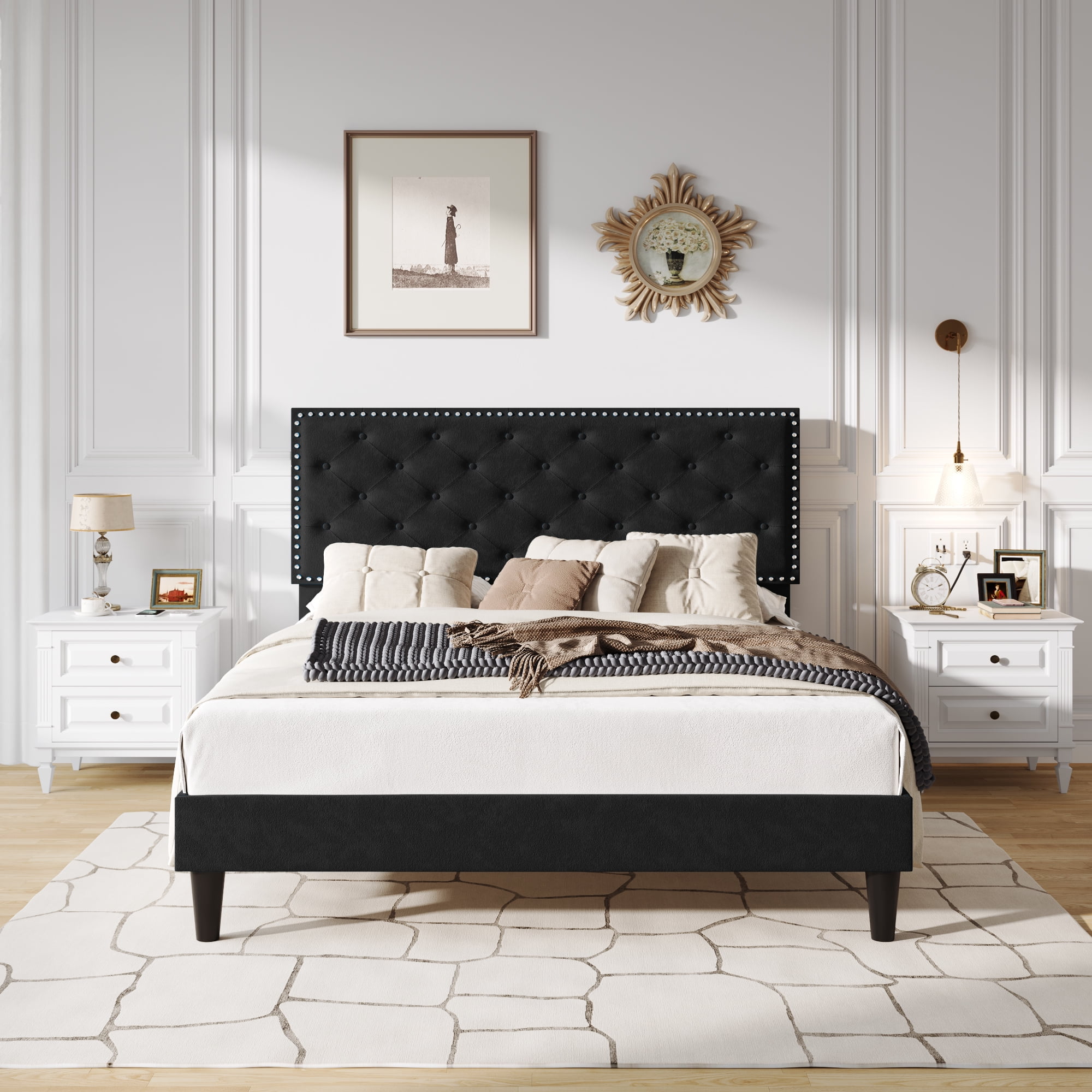 SHA CERLIN Full Size Black Upholstered Bed Frame with Adjustable ...
