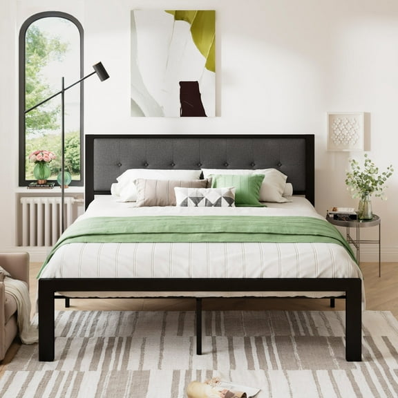 SHA CERLIN Black King Size Metal Platform Bed Frame with Fabric Headboard, Under-bed Storage
