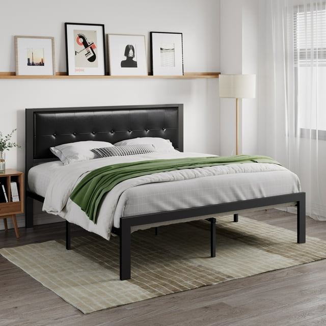 SHA CERLIN Black King Size Metal Platform Bed Frame with Leather Tufted