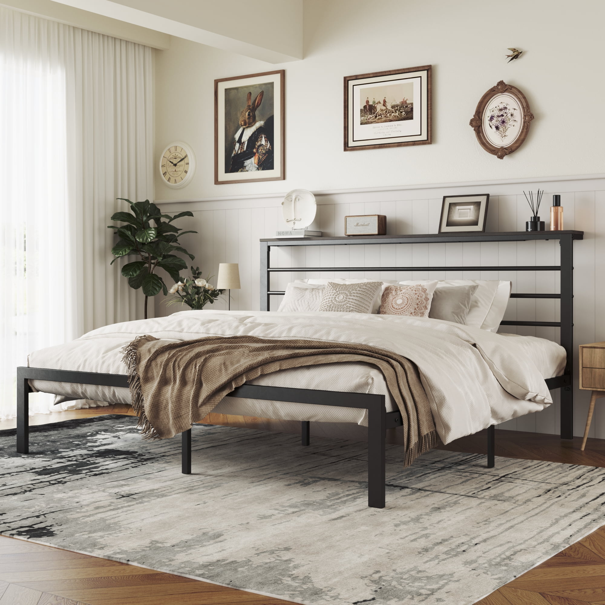 SHA CERLIN Black King Size Metal Platform Bed Frame with Underbed Storage, Heardboard & Black ...