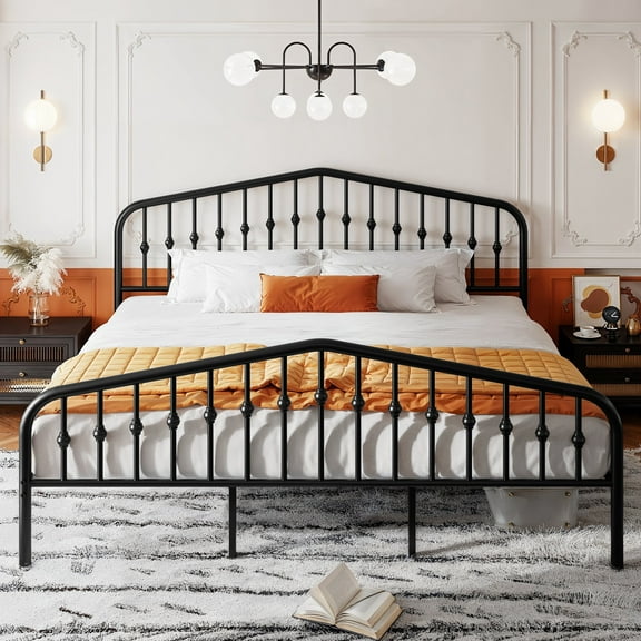 Sha Cerlin King Size Bed Frame, Metal Platform Bed with Victorian Vintage Headboard & Footboard, Black