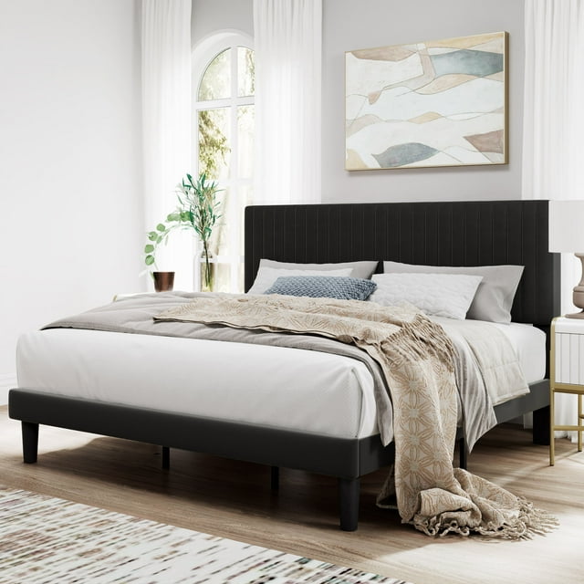 SHA CERLIN Black King Size Upholstered Platform Bed Frame with