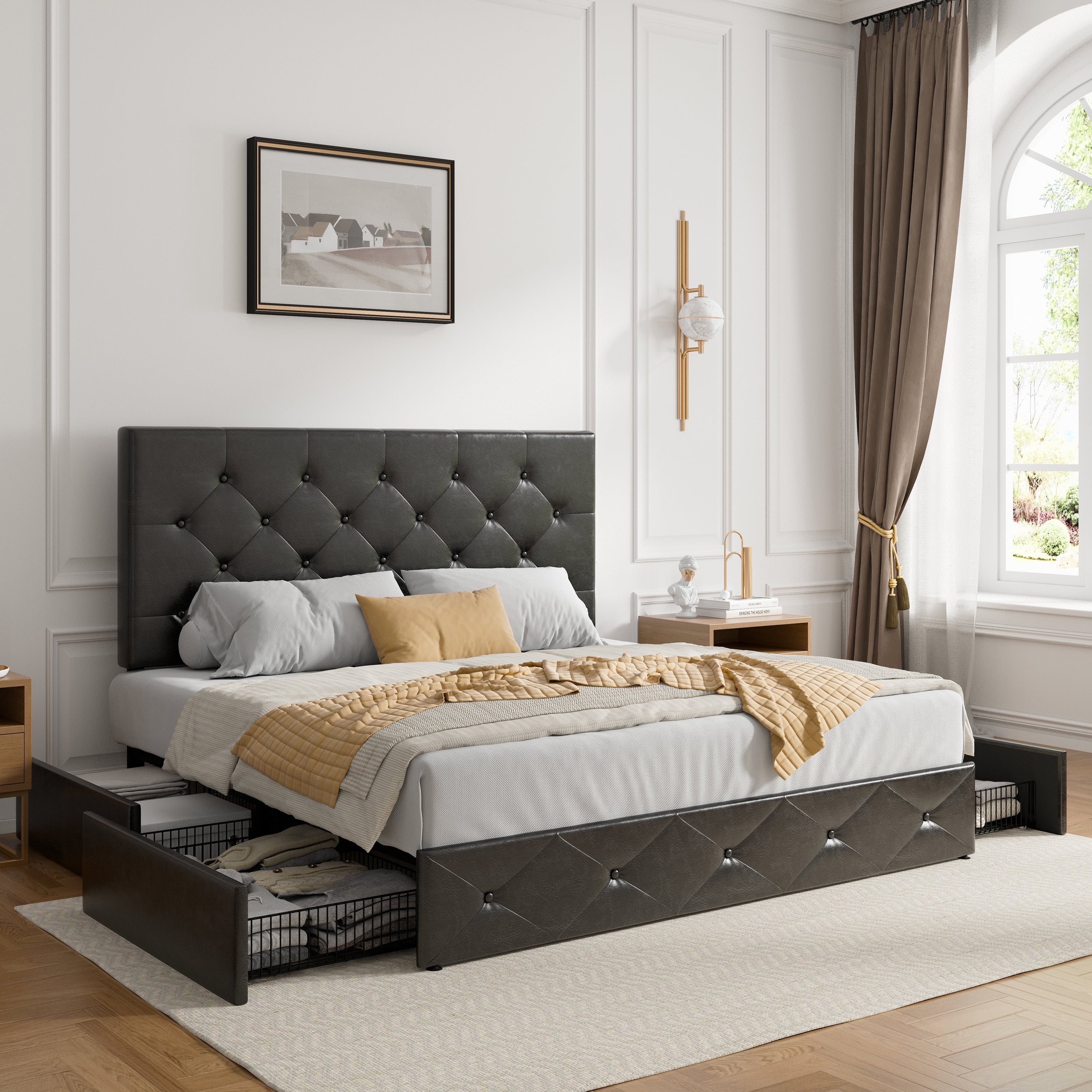 SHA CERLIN Black Queen Size Leather Platform Bed Frame with 4 Storage