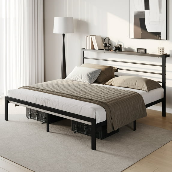SHA CERLIN Black Queen Size Metal Platform Bed Frame with Vintage Black Shelf Headboard, Adult
