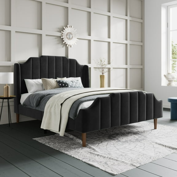 SHA CERLIN Black Queen Size Platform Bed Frame with Modern Velvet Upholstered Wingback Headboard, Adult